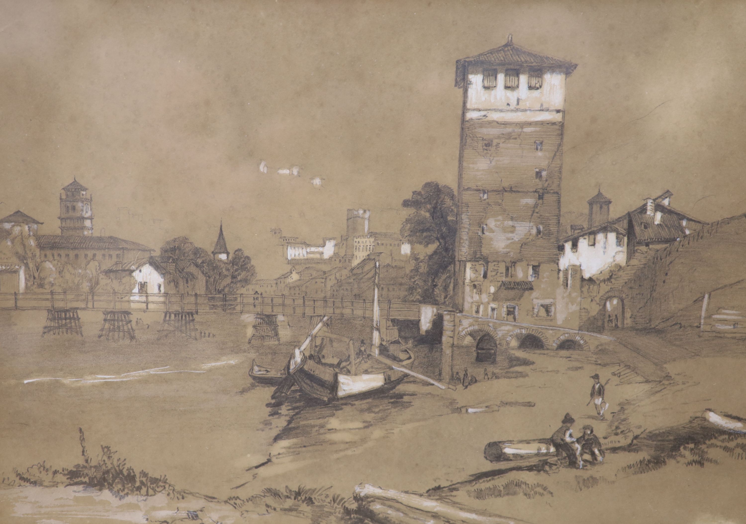Attributed to James Duffield Harding, pencil heightened with wash, Continental riverside town, 23 x 33cm